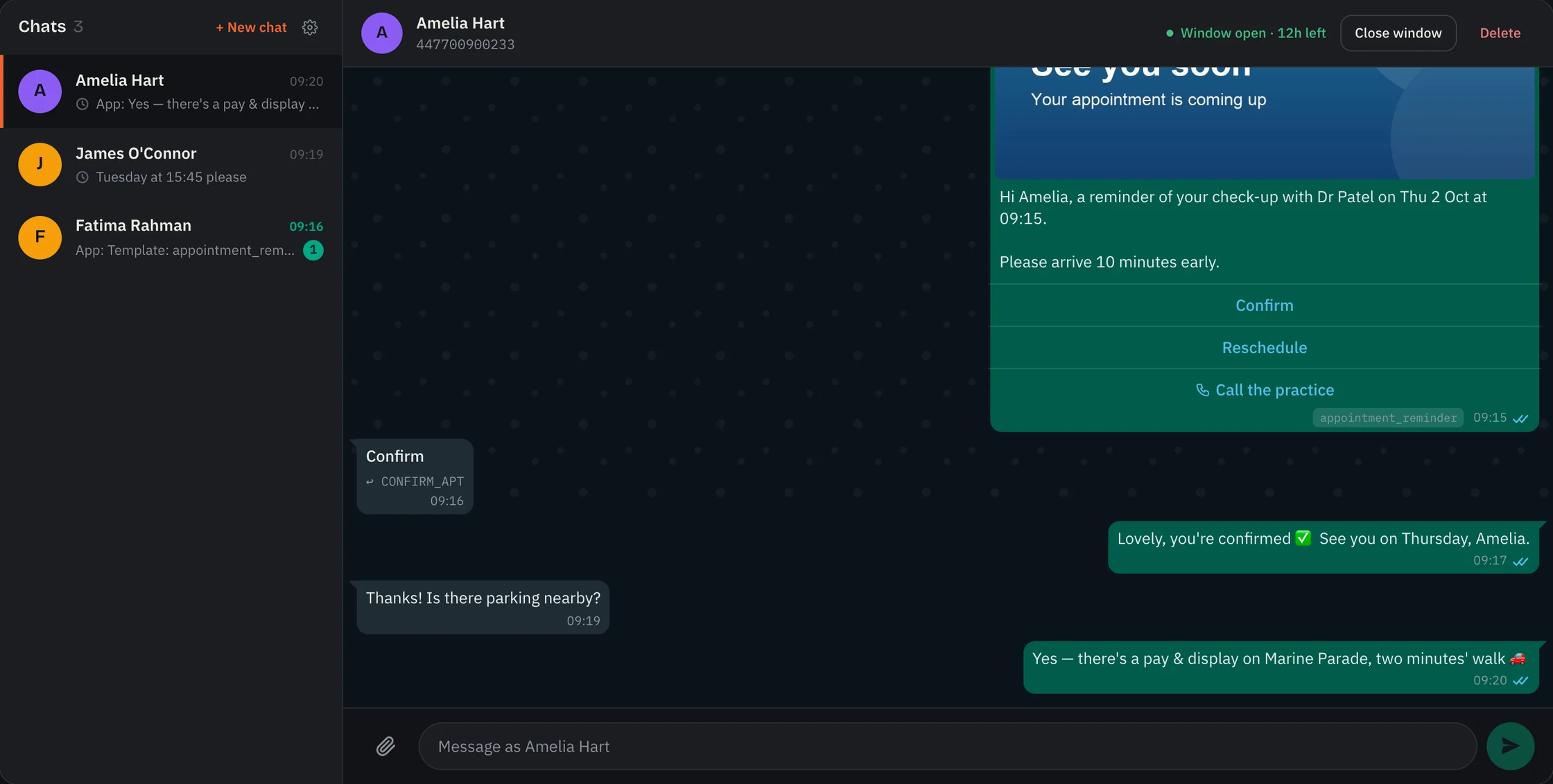 One conversation in Dead Ringer: an appointment reminder template with three buttons, the customer's Confirm tap shown with its payload, and the replies that followed.