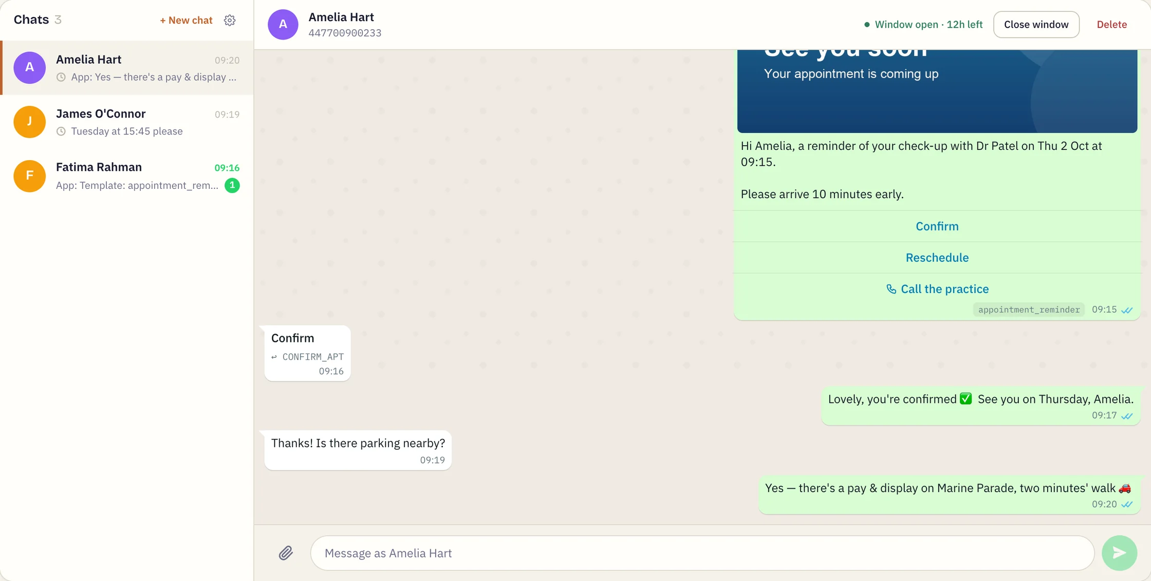One conversation in Dead Ringer: an appointment reminder template with three buttons, the customer's Confirm tap shown with its payload, and the replies that followed.