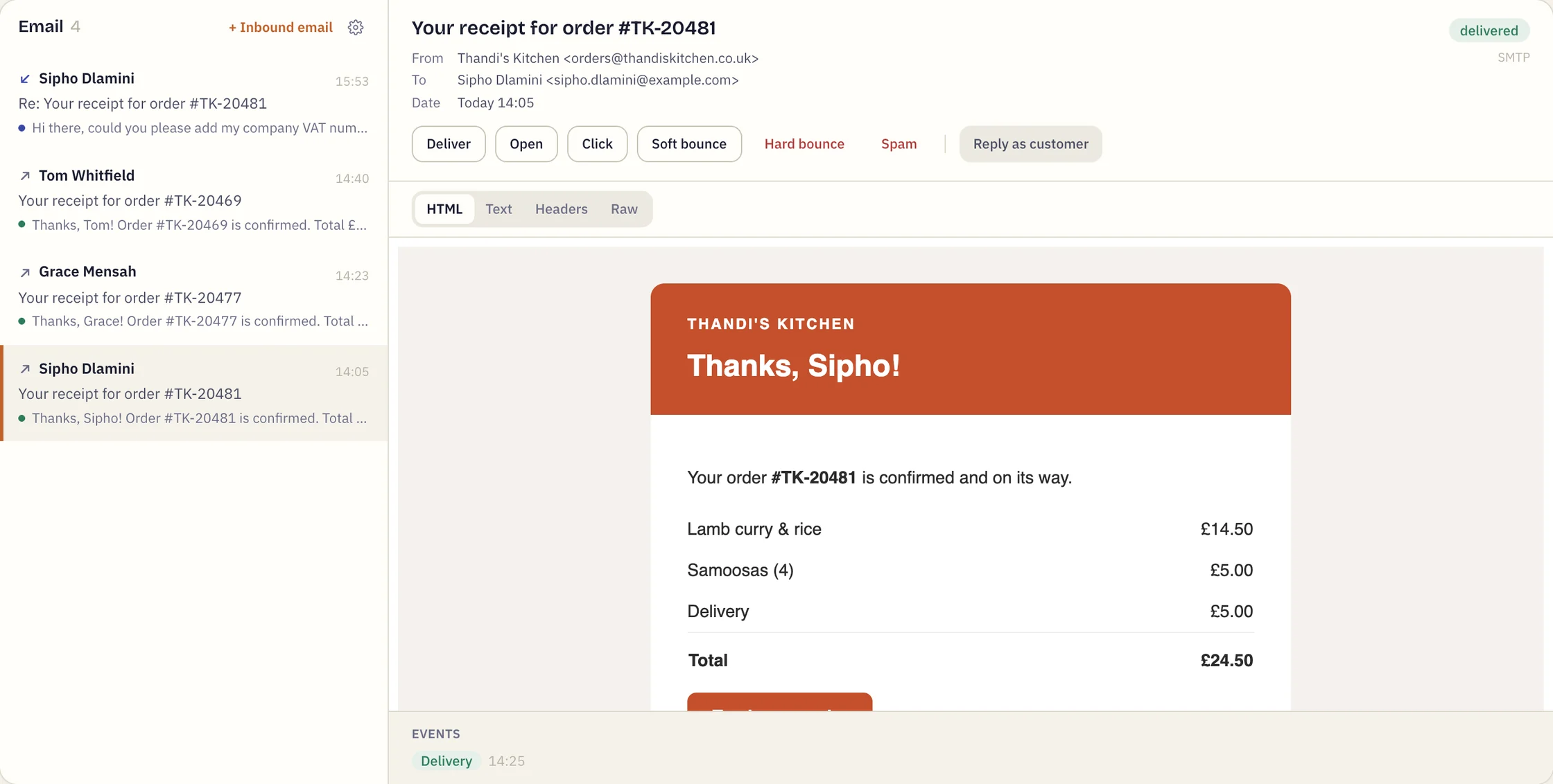 The email tab: a list of caught messages beside one receipt rendered as HTML, with buttons to deliver, open, click, bounce, mark as spam or reply as the customer.